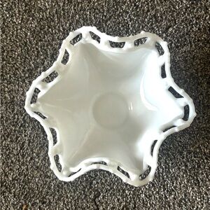 Vintage White Milk Glass Ruffled Bowl Lamp Shade Openwork Scalloped Edge 8"